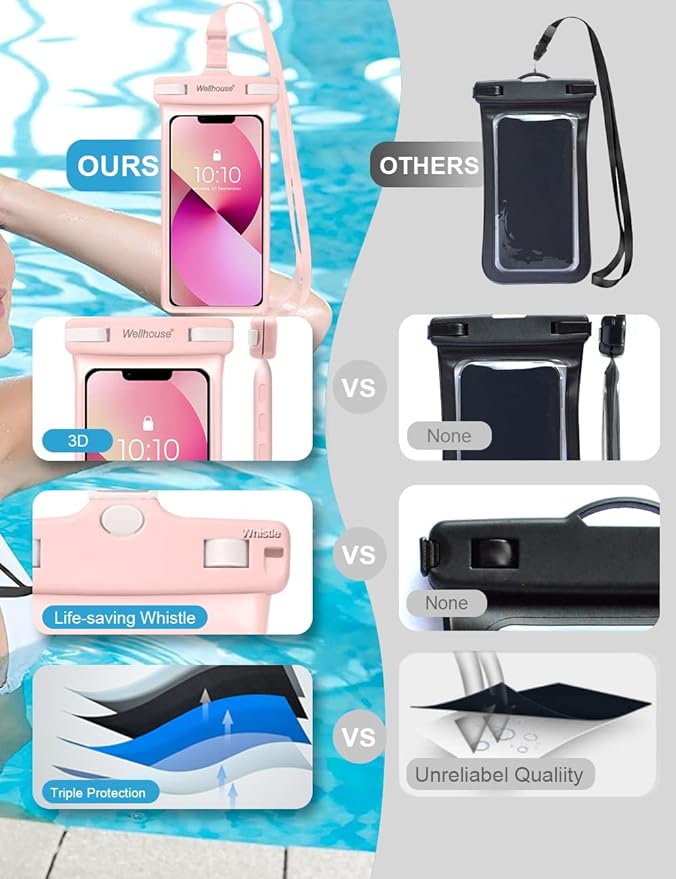 wellhouse Waterproof Phone Pouch, Waterproof Phone Case for iPhone 16 15 14 13 12 Pro Max XS Samsung, IPX8 3D Cellphone Dry Bag Beach Essentials (1 Pack - Pink7.0, 7 inch)