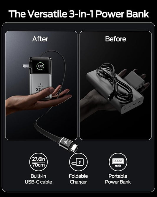 MOVE SPEED 3 in 1 Portable Charger with Built-in Retractable 27.6in Cable and Foldable Wall Plug, 35w 10,000mAh Fast Charging Power Bank, Travel Essential Battery Pack for iPhone 17/16/15,Galaxy