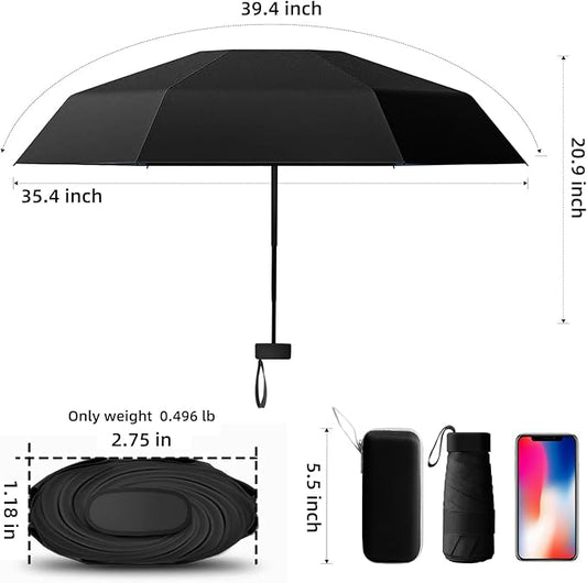Travel Mini Compact Folding Umbrella with Case - UV Sun & Rain Protection, Lightweight Portable Pocket Umbrella for Women Men Kids, Fits Purse Backpack