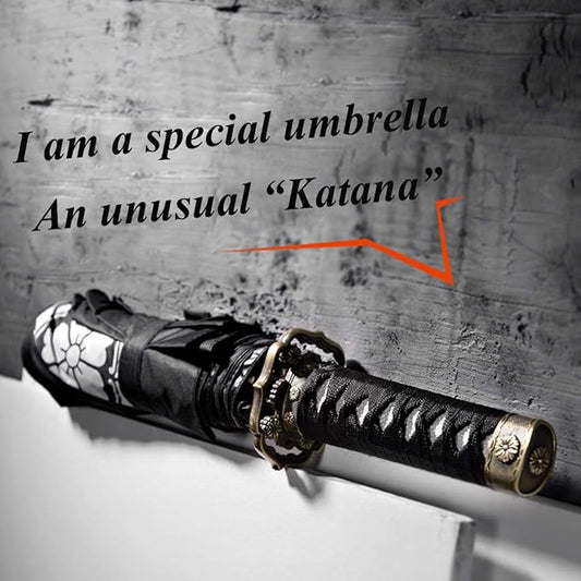 Cool Lemon Samurai Katana Master Sword Hilt Handle Folding Umbrella Anime Portable Travel Japanese Ninja Compact Umbrellas Windproof, Black Glue Anti UV, Business Birthday Gift for Men