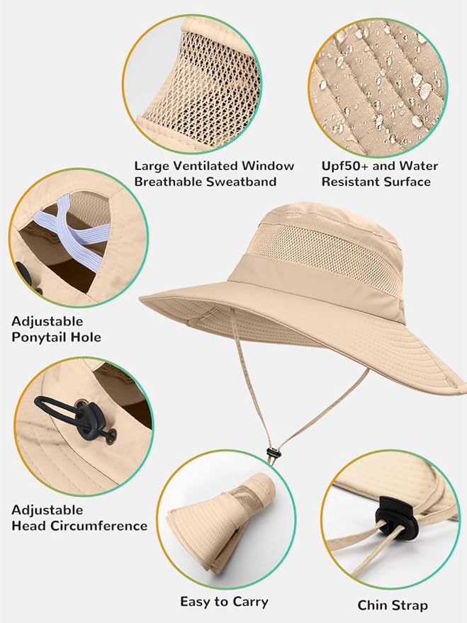Sun Bucket Beach Hats for Women with Ponytail Hole,Sun Protection UV UPF50+ Waterproof Fishing Safari Hiking Hat