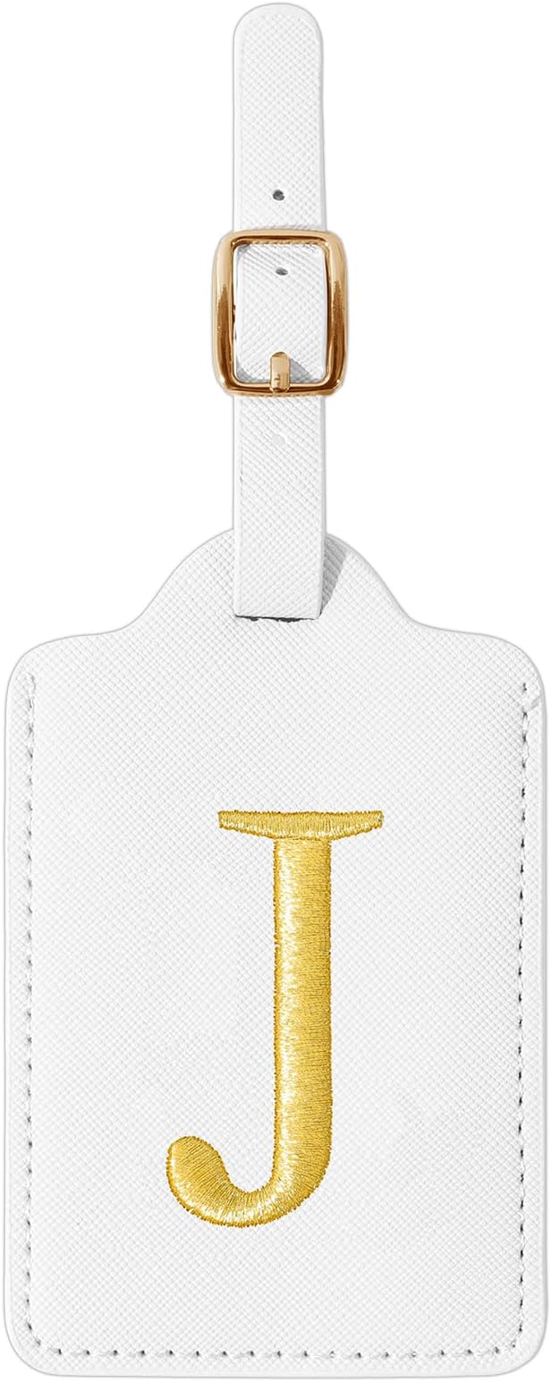 Personalized Initial Luggage Tags for Suitcase TSA Approved, White Leather Cute Luggage Tag with Privacy Cover Name Card, Embroidered Custom Luggage Tags Travel Baggage Tags Gifts for Women Kids(J)