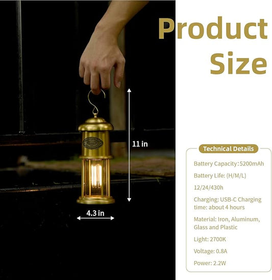 Metal Vintage LED Camping Lantern, 5200mAh Rechargeable Battery Last 12-430 Hours Camping Lamp, 3 Modes Hanging Lantern, Retro Camping Light for Courtyard Outdoor Decoration