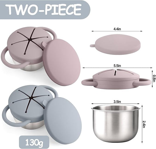 2-Pack Stainless Steel Snack Containers for Kids with Spill-Proof Silicone Lids & Handles - 3-in-1 Baby Snack Cups, No-Spill Toddler Snack Box, Perfect for On-the-Go Healthy Eating(Grey+Grey Purple)
