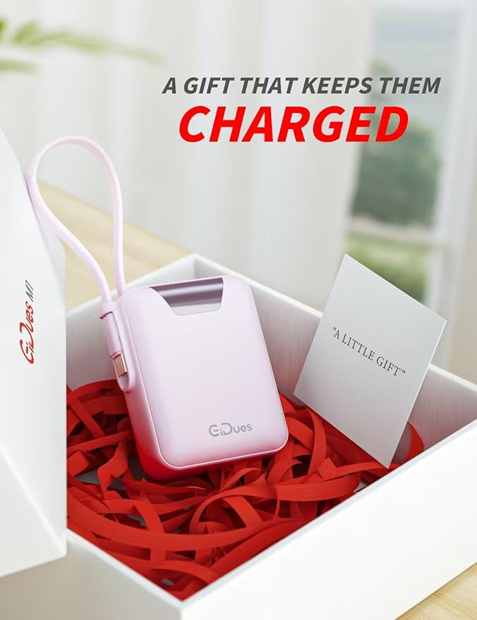 Mini Portable Charger, 10000mAh Ultra-Compact Power Bank, 22.5W PD Fast Charging, Tpye-C Built-in Cable, Small Size External Battery Pack for iPhone, Samsung, Android iPad (Pink)