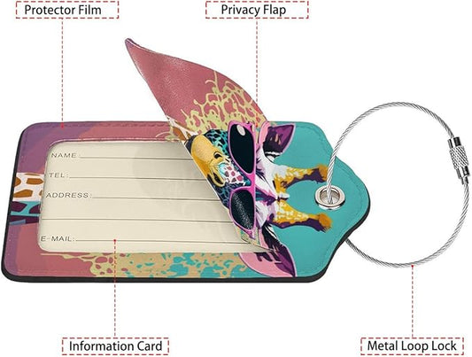 Giraffe in Sunglasses 2 Pack Luggage Tag for Suitcase, Leather Bag Tags Identifiers Privacy Cover ID Label with Steel Loop for Women Men Kids Girls Travel