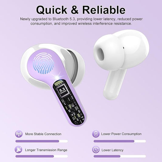 Wireless Earbuds, Bluetooth 5.4 Headphones HiFi Stereo, Bluetooth Earbuds with ENC Noise Cancelling Mic,IP7 Waterproof in Ear Earphones, 48H, LED Display Ear buds for Pad Phones Workout Sports, Purple