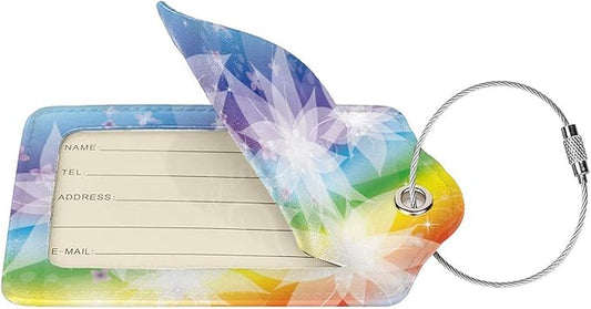 2 Pieces Rainbow Luggage Tags for Women Girls, Beautiful Leather Tags for Luggage with White Flower Pattern, Suitcase Tags with Privacy Cover ID Name Labels