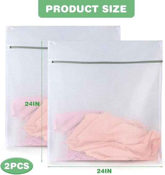 Tenn Well Durable Honeycomb Mesh Laundry Bags, 2 XX-Large 24in x 24in Washing Delicate Bags with Colorful Zipper for Huge Clothes, Curtain, Coverlet, Carpet