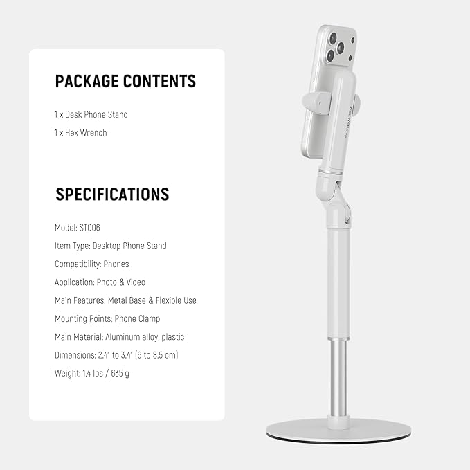 NEEWER Basics Cell Phone Stand for Desk, Adjustable Office Bed Table Phone Mount Holder Clamp with Weighted Metal Base, Compatible with iPhone Video Recording, ST006 White