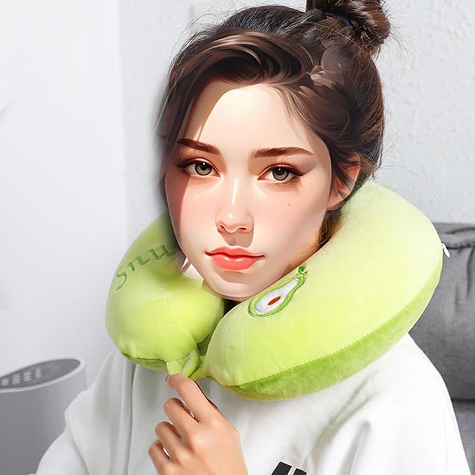 Kids Neck Pillow for Travel with Sleep Eye Mask, Cute Travel Neck Pillow, Memory Foam Flight Sleeping Headrest Pillow for Boys & Girls, Airplane, Train, Car, Home Use - Little Avocado