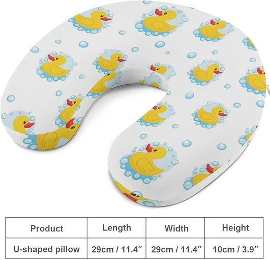 Cute Decorative Travel Neck Pillow Memory Foam Chin Cushion Cute Funny Cartoon Yellow Rubber Ducks Bubbles, Washable Cover for Women Airplane Car Home Sleeping Rest