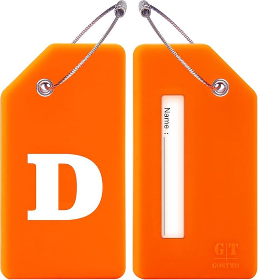 Gostwo 2 Pack Silicone Luggage Tags for Suitcases, 26 Initial Letter Baggage Labels Handbag School Bag Suitcase Instrument Tag with Stainless Steel Loop(Orange)(Letter D)