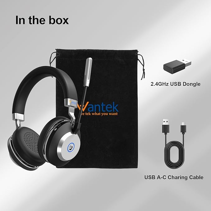 Wantek Wireless Bluetooth Headset with Microphone, USB Dongle for PC/Laptop, 45Hrs Playtime, Mute & Call Controls with Busy Light,Comfortable On-Ear Design for Work Calls, Teams, Zoom, Skype