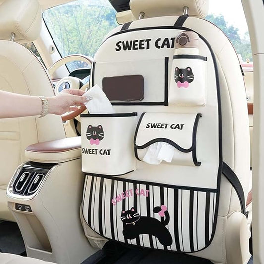 YUNZLAN Leather Backseat Car Organizer, Kick Mats Back Seat Protector with Touch Screen Tablet Holder Back Seat Organizer for Kids with 4 Storage Pockets Travel Accessories (BeigeBlackCat)