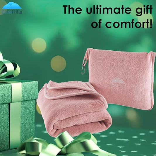 BlueHills Premium Soft Long Travel Blanket Pillow for Tall Airplane Flight Blanket 70 X48 inch Throw in Soft Bag case with Backpack Clip Compact Large Plane 2 in 1 Combo Pink T055