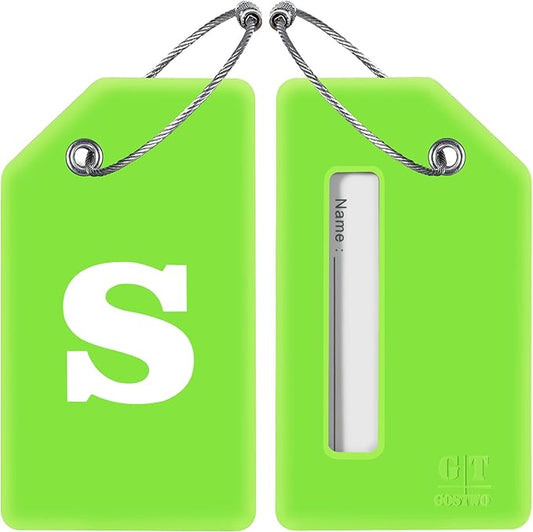 Gostwo 2 Pack Silicone Luggage Tags for Suitcases, 26 Initial Letter Baggage Labels Handbag School Bag Suitcase Instrument Tag with Stainless Steel Loop(Green)(Letter S)