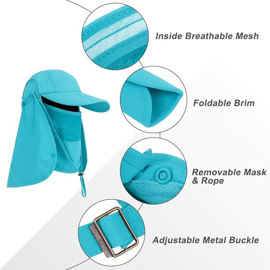 Foldable Sun Cap, Fishing Hats, UPF 50+ Protection Caps with Face Mask Neck Flap