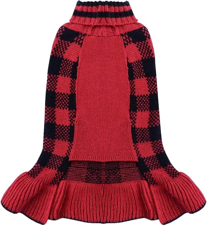 KYEESE Christmas Dog Sweater Dress for Medium Dogs with Leash Hole Classi Checkered Pet Sweaters Dog Christmas Outfit with BowtieTurtleneck Dogs Apparel for Winter, XXXL