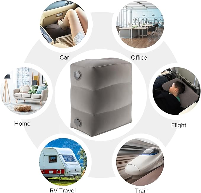 Inflatable Travel Foot Rest Pillow, Kids Airplane Bed, Adjustable Height Leg Pillow, Make a Flat Bed for Toddler, Fits for Airplane, Car(Grey, 2 Pack)