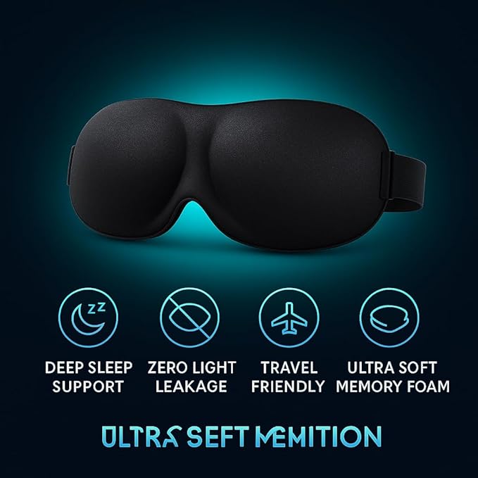 3D Contoured Sleep Mask for Side Sleepers – 100% Light Blocking Memory Foam Eye Mask with Adjustable Strap, Zero Pressure on Eyes, Soft Breathable Material for Deep Sleep & Travel