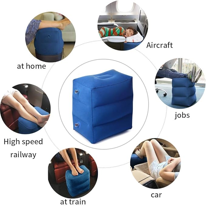 ZIQIAN Inflatable Travel Foot Rest Pillow Portable Adjustable Three Layers Height Foot Stool for Airplanes, Cars, Home, Trains, Office to Lay Down or Sleep on Long Flights with Pump (Blue 2PACK)