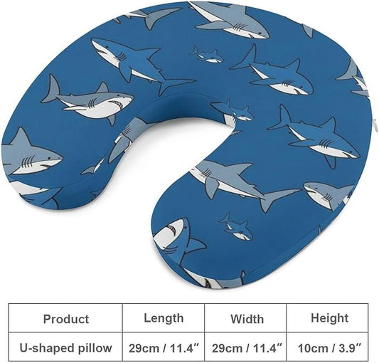 Soft Memory Foam Travel Pillow Chin Support Navy Blue Cartoon Sharks Print, Removable Washable Cover for Airplane Car Home Office Nap