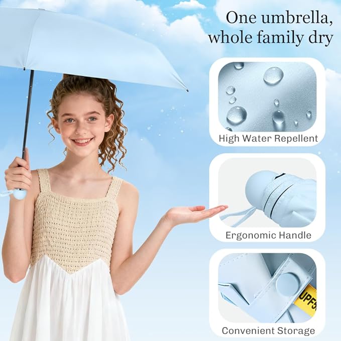 TOPSAIL Mini Umbrella Compact for Travel, UV Sun Protection(UPF50+), Waterproof for Light Rain, Suitable for Women & Kids With a Case, Manual 6k Folding Small Pocket Size Ufor Backpack/Purse
