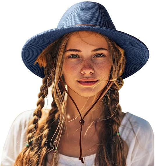 DRESHOW Women Straw Panama Hat Travel Fedora Beach Sun Hat Summer Wide Brim Straw Roll up Hat UPF 50+
