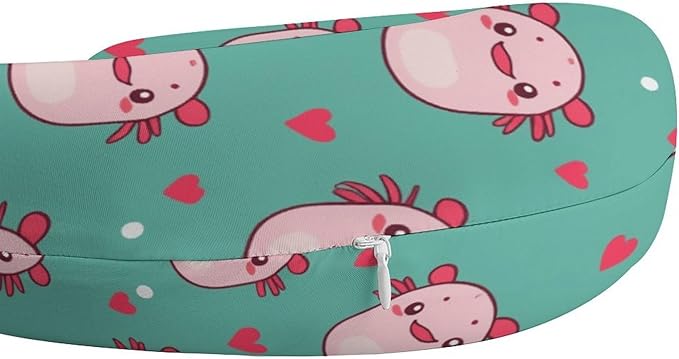 Men’s Comfort U-Shaped Neck Pillow Memory Foam Travel, Axolotls Hearts and Bubbles Green U-Shape, Breathable Car Airplane Support