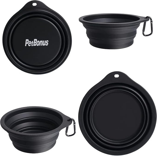PetBonus 2-Pack Large Silicone Collapsible Dog Bowls, 34oz/1000ml BPA Free Portable Foldable Travel Bowl for Pet Cat, Food Water Feeding Dish for Camping with 2 Carabiners (Black, Black)