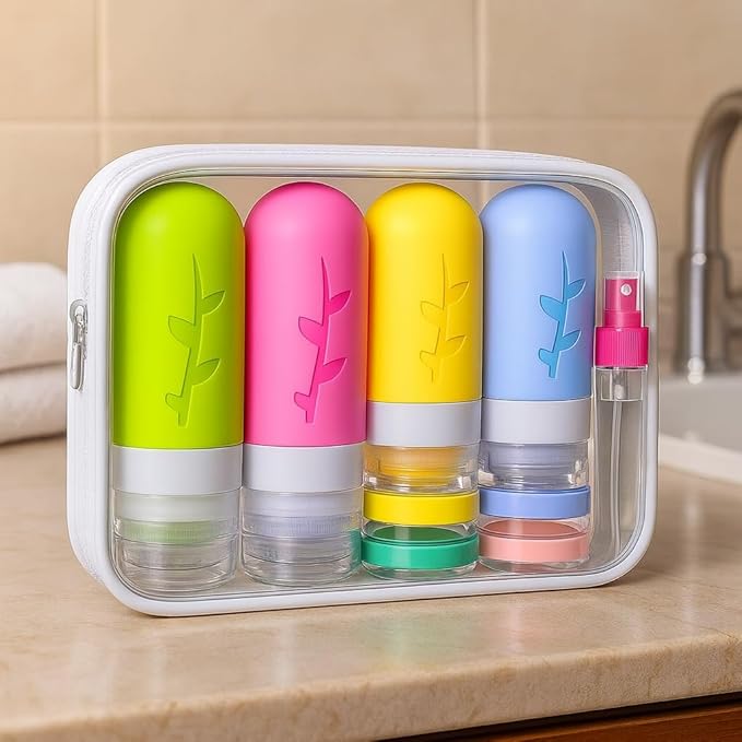 TSA Approved Travel Bottles Set – 18 Piece Leak-Proof Silicone Toiletry Kit with Clear Bag, Refillable Bottles, Jars, Spray Bottle & Accessories for Shampoo, Lotion and Body Wash
