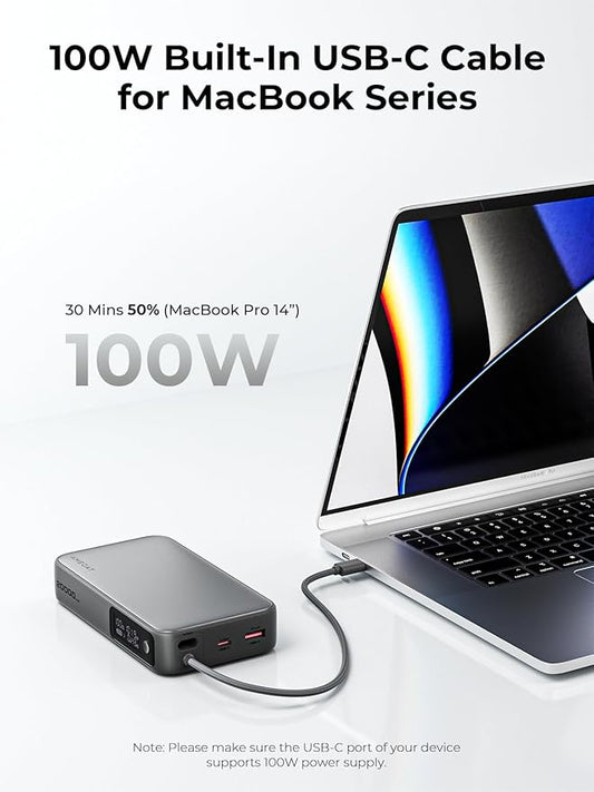 Portable Charger 20000mAh, 100W PD Fast Charging Power Bank with Built-in USB C Cable Smart Digital Display Laptop Battery Pack for MacBook, iPad, iPhone, Samsung, Steam Deck and More