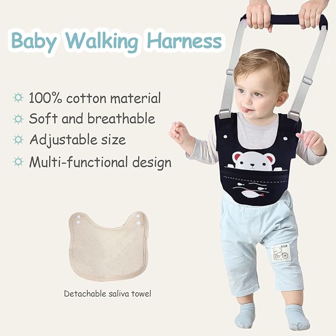 Baby Walking Harness Handheld Baby Walker Assistant Belt Adjustable Toddler Infant Safety Harnesses Standing Up Walking Learning Helper with Detachable Crotch for 9-24 Month Old (Dark Blue)