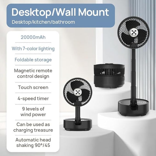 8 inch Portable Fan - Wireless Battery Operated Fan - LED Lighting - Carry Case & Remote Control - Cruise Travel - Outdoor Travel RV Power Bank With USB-C Port (Black with Case)