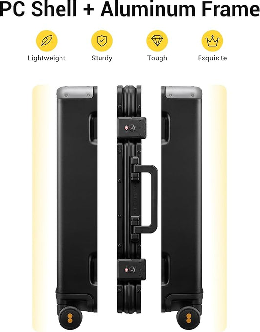 LEVEL8 Zipperless Checked Luggage with Aluminum Frame, Upgraded Medium Hardside Suitcase with Spinner Wheels, Metal Travel Luggage with Double Tsa Locks, 24 Inch, Black