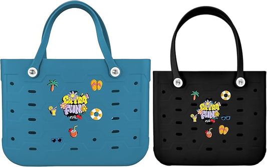 2-Piece Tote Bag Set, Waterproof Rubber Beach Bag with Summer Pattern, Medium & Large Handbag for Pool, Beach, Boat
