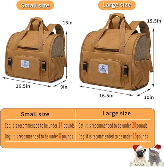 Pet Backpack Carrier for Small Dogs Medium,Large Cats, Puppies,Breathable and Collapsible Design, Portable Travel Bag for Bearded Dragon,Rabbit Cage (Brown +Two-Shoulder, Large)