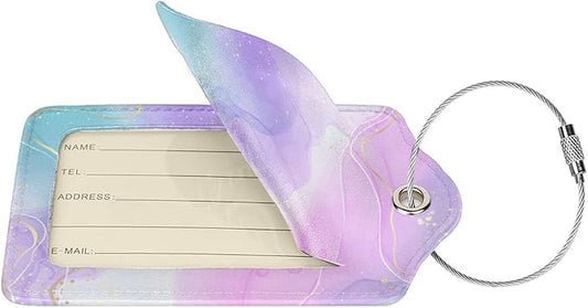 Pink Luggage Tags 2 Pack for Girls Women, Watercolor Light Purple and Cyan Blue Background Leather Suitcase Tags Identifiers, Cute ID and Name Labels with Privacy Covers for Backpack Travel Bag
