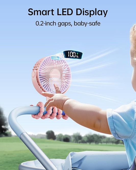 SWEETFULL Portable Stroller Fan with Display 4000mAh Battery Powered Mini Clip On Fan, 4-Speed Rechargeable Small Personal Cooling for Baby Car Seat Crib Travel - Pink