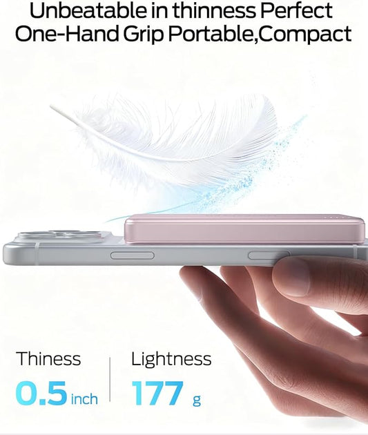 MOVE SPEED 0.5'' 10,000mAh Magnetic Power Bank, Alloy-Design MagSafe Portable Charger,Fast Charging Magsafe Battery Pack for iPhone 16/15/14/13/12,Travel Essential,Blush Pink