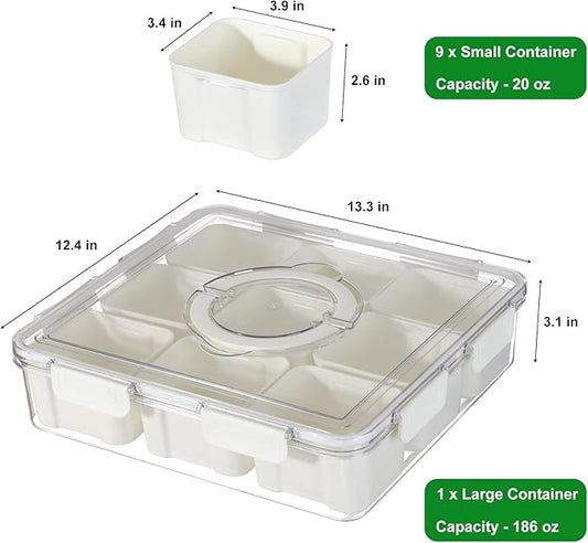 Taiuloo Divided Serving Tray with Airtight Lid and Handle, 9 Compartment Snackle Box Container, Portable Snack Platters, Clear Fridge Organizer & Food Storage for Veggie, Fruit, Charcuterie, Nuts