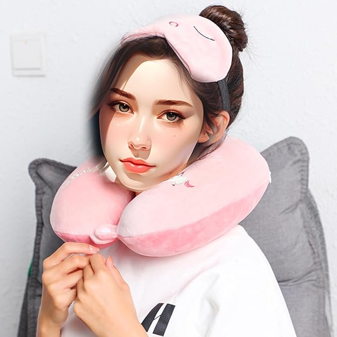 Kids Neck Pillow for Travel with Sleep Eye Mask, Cute Travel Neck Pillow, Memory Foam Flight Sleeping Headrest Pillow for Boys & Girls, Airplane, Train, Car, Home Use - Little Pink Unicorn