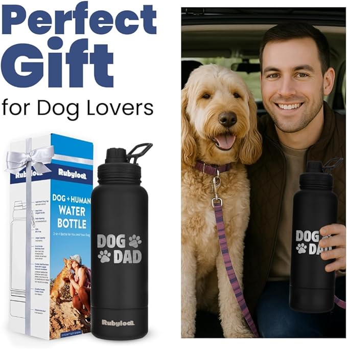 Dog Dad Water Bottle – 32 oz Stainless Steel Double Wall Insulated with 8 oz Detachable Bowl on Bottom – Cool Dog Dad Gifts for Men for Christmas, Birthdays or Gift from The Doggy – DD Black