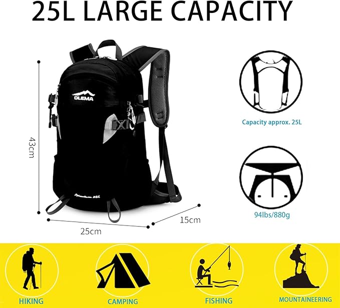 OLEMA Hiking Backpack, 25L Lightweight Travel Backpacks,Camping Daypack for Outdoor Sports,Lightweight Travel Camping Backpack for Men Women