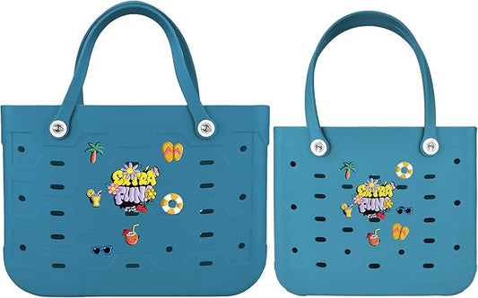 2-Piece Tote Bag Set, Waterproof Rubber Beach Bag with Summer Pattern, Medium & Large Handbag for Pool, Beach, Boat