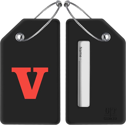 Gostwo 2 Pack Silicone Luggage Tags for Suitcases, 26 Initial Letter Baggage Labels Handbag School Bag Suitcase Instrument Tag with Stainless Steel Loop(Black)(Letter V)