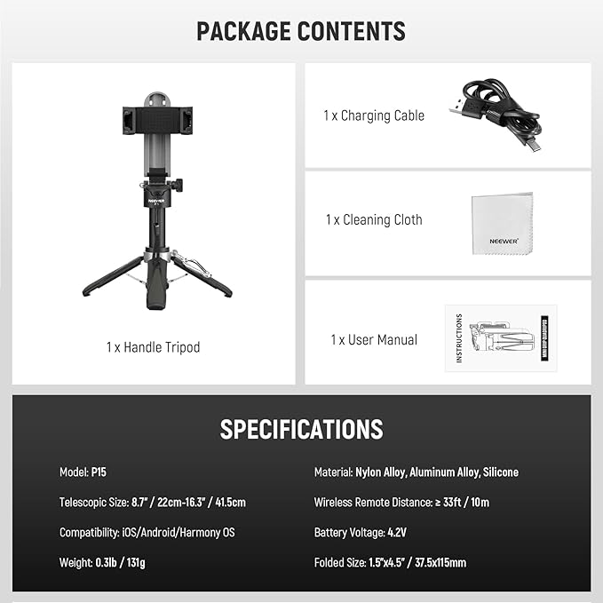 NEEWER Selfie Stick Tripod for iPhone, Lightweight Foldable Mini Travel 360° Desk Stand with Cell Phone Holder Cold Shoe for Video Recording Vlog Streaming, Remote Shutter & Cleaning Cloth, P15 Black