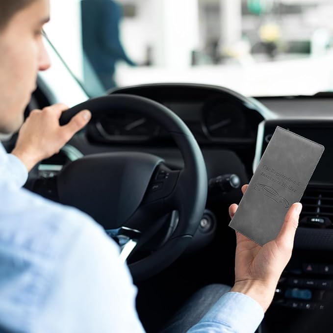 Car Registration and Insurance Card Holder - Vehicle Glove Box Document Organizer - Premium PU Leather Wallet Case - Driver License - Gray