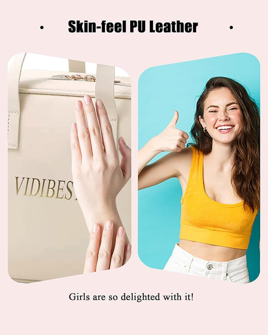 Travel Makeup Bag Skin-feel Leather, Large Capacity Cosmetic case for Women, Waterproof Portable Make up Organizer with Divider and Handle for Toiletries, Beauty Essentials (Beige)